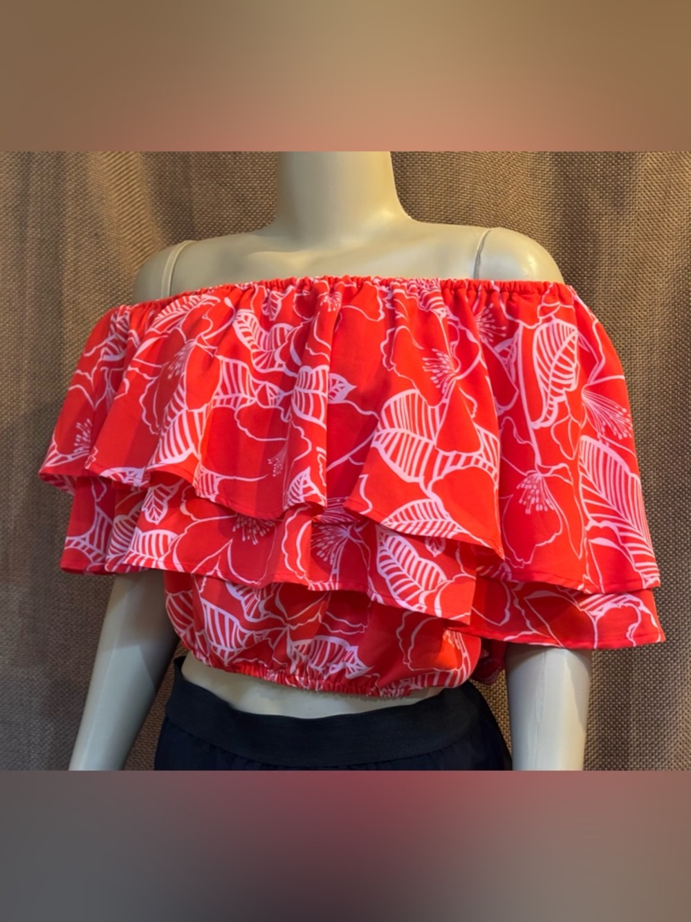 Sugarlips Off-Shoulder Red Floral Ruffle Crop Top